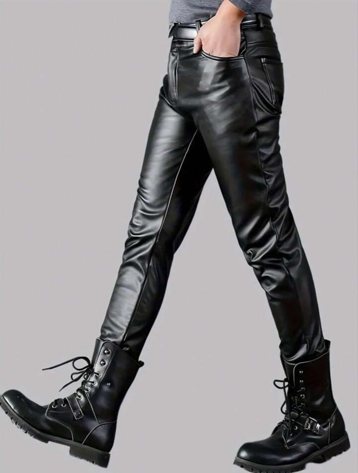 Men's Classic Style Skinny Slim Fit Elastic Leather Trousers